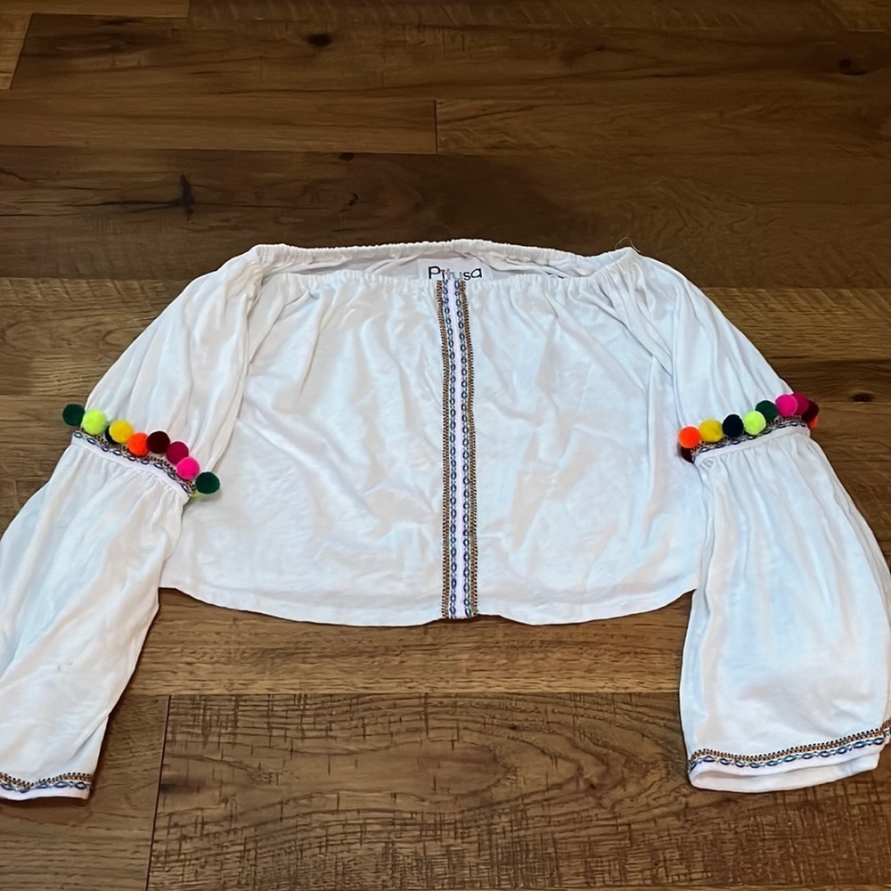 Pitusa Women’s White Blouse With Colorful Accents and Pom Poms One Size